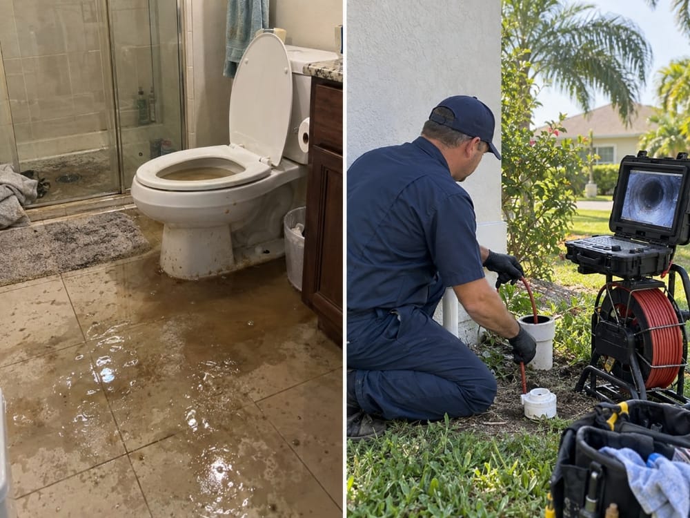 Licensed plumber conducting high-definition sewer line camera inspection through cleanout after indoor bathroom wastewater backup in Punta Gorda FL