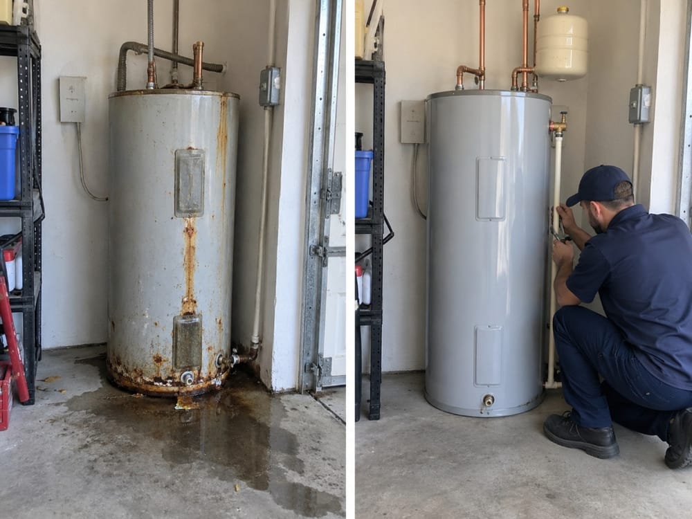 Before and after residential water heater replacement and installation with expansion tank in Punta Gorda FL