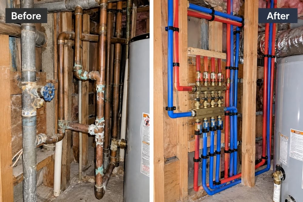 Before and after whole house PEX water pipe repiping and manifold replacement in Punta Gorda FL